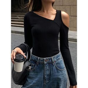 Commense Trendy Black‎ Cold Shoulder Long Sleeve V-Neck Top Asymmetric Top XL